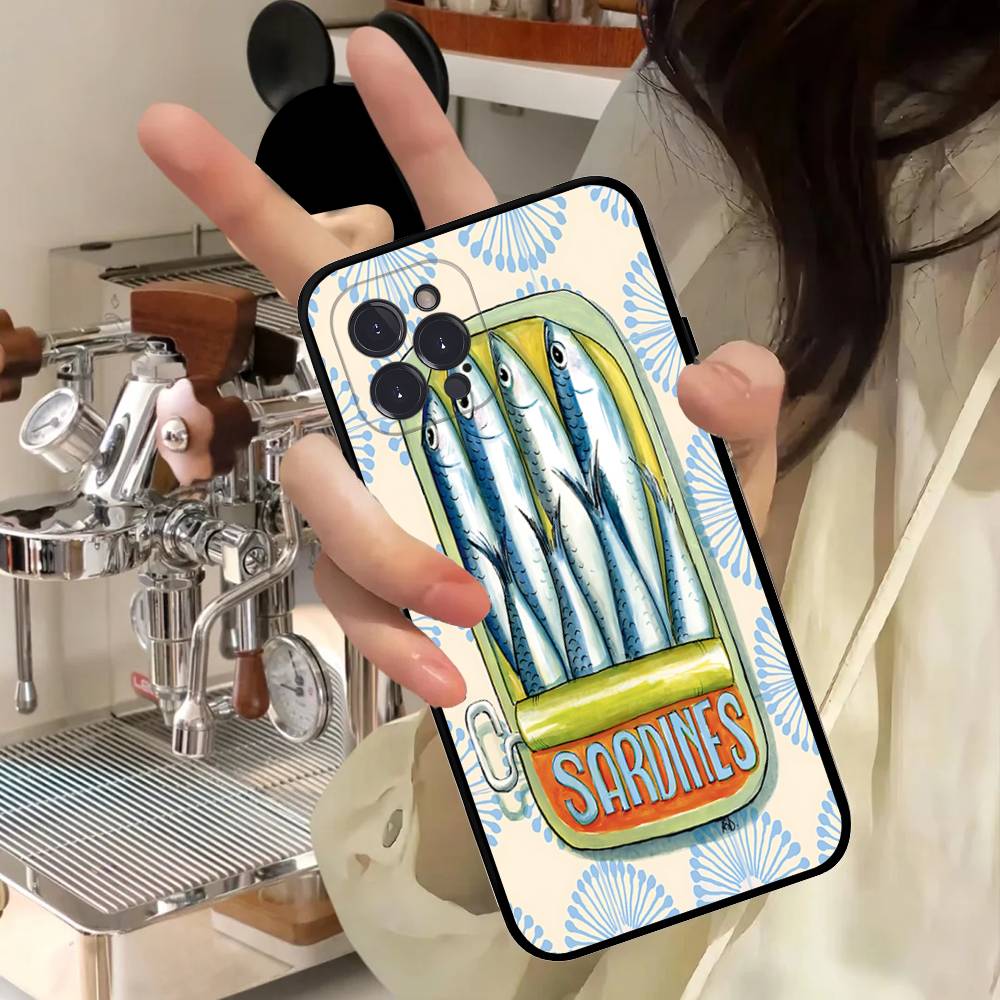 Sardines Fish Phone Case For IPhone 17 Air 16 15 14 Plus 13 12 Mini 11 Pro Max Black Cover iPhone 16 plus