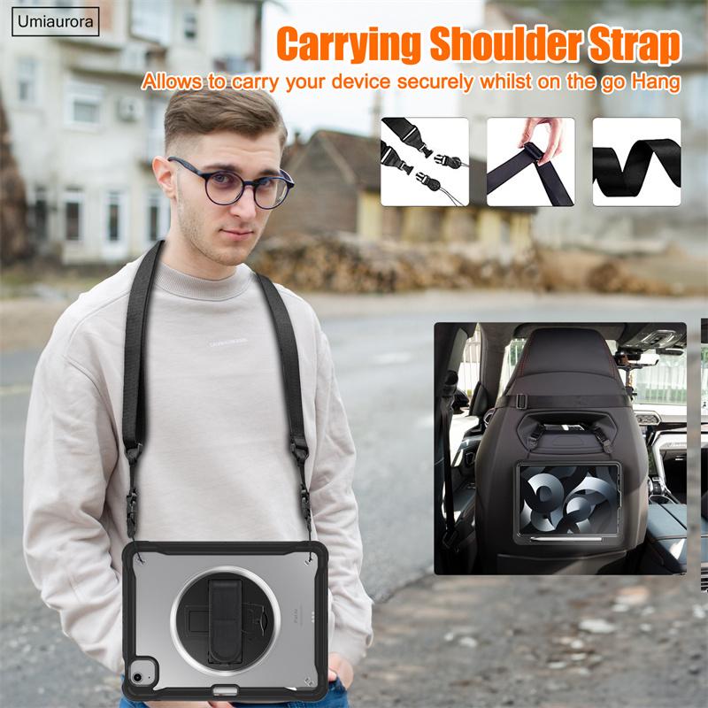 For IPad Air 4 5 10.9 Mini 6 Pro 11 12.9 13 Inch M2 M4 2022 2024 Tablet Case Rotating Hand Strap Stand Shockproof PC Armor Cover