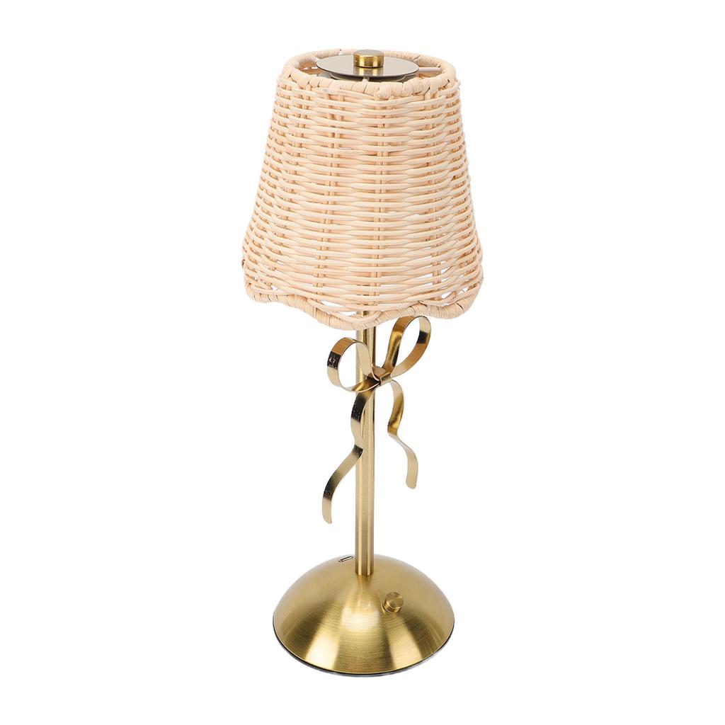 Kabellose Rattan-Bogenlampe, USB-wiederaufladbar, Vintage-Gewebe-Tischlampe mit Metallfuß für Schlafzimmer