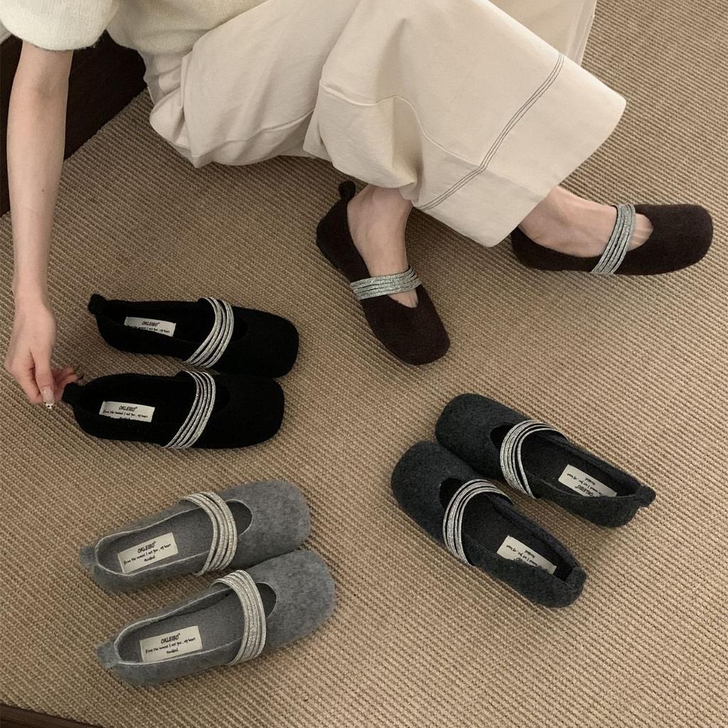 French Flat-bottomed Rhinestone Velvet Mary Jane Shoes Women's 2025 Autumn and Winter New Light-mouth Fluffy Single Shoes Versatile Ladyshoes