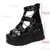 Women's Punk Platform Wedges Sandals Black Patent Leather Open Toe Sandals Metal Buckles Chain Chunky Sole Shoes Sandalias Mujer