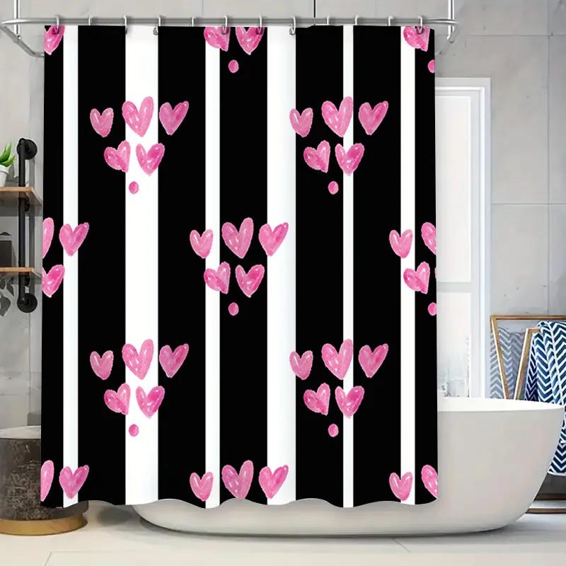 

Beautiful Black White Shower Curtain With Pink Hearts Waterproof Fabric Perfect Decoration For Your Bathroom! W60H190(CM)-1 Pcs