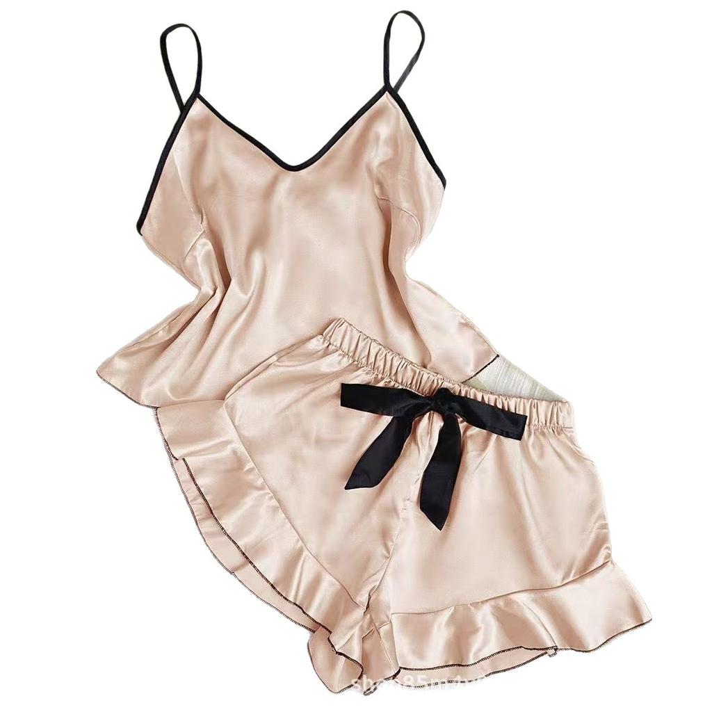 Women's Summer Silk Satin Pajama Set Sexy Camisole Shorts Loungewear Lightweight Breathable Sleepwear