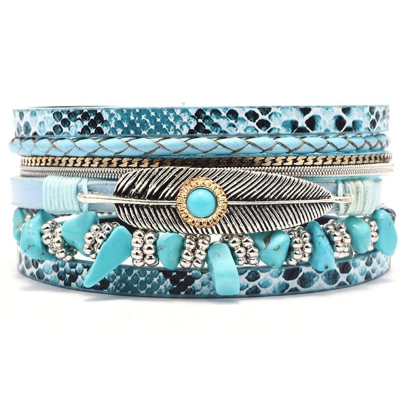 Womens Boho Layered Leather Bracelet With Turquoise Stone Feather Charm Geometric Asymmetrical Fashion Jewelry Lake Blue