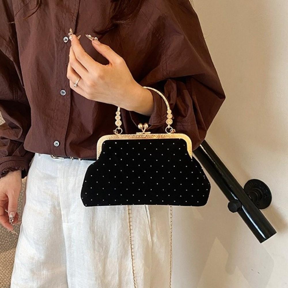 Luxury Ladies Evening Clutch Purse Polka Dot Clip Closure Chain Crossbody Bag Simple Shell Shape Kiss Lock Shoulder Bag