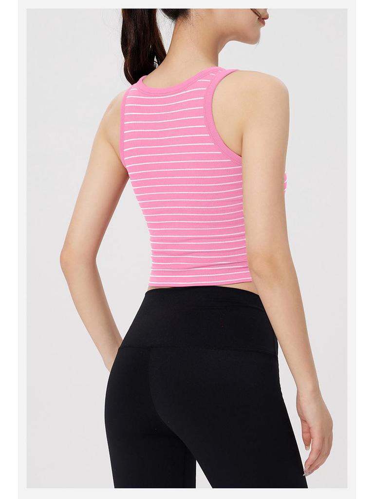 Women's Spring/Summer Slim Fit Striped Tank Top with Chest Pads - Round Neck Camisole Bra