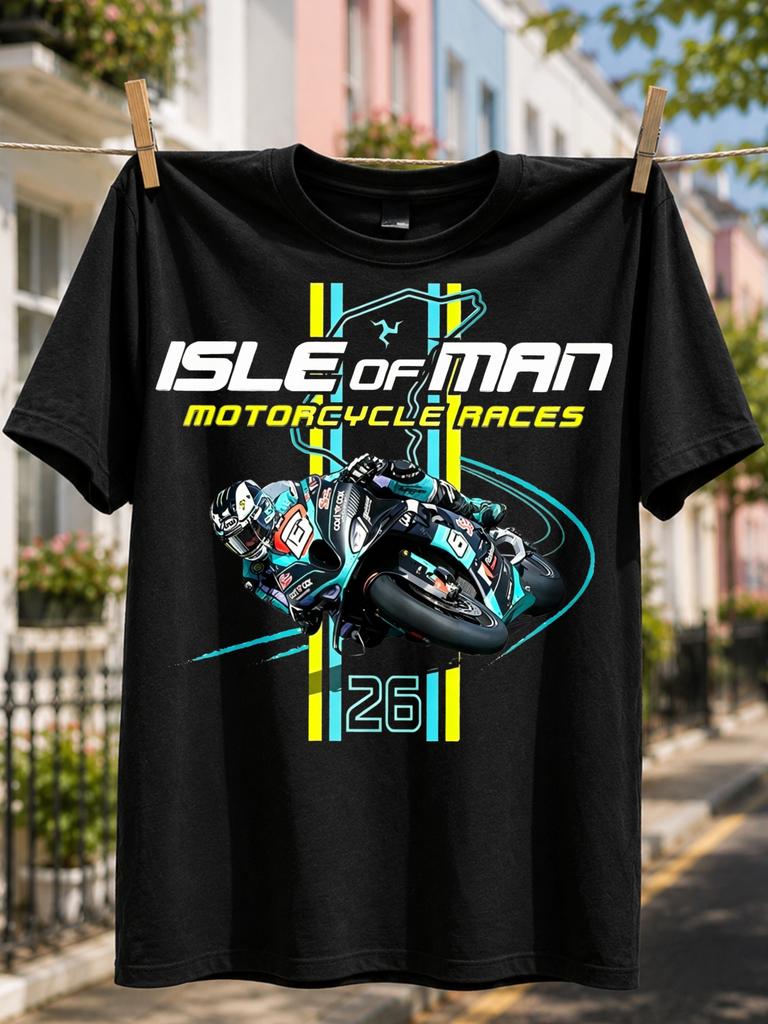 Men's Isle of for Man Races Motorcycle T-Shirt - & Racing Graphic, Cotton Loose Fit Round Neck