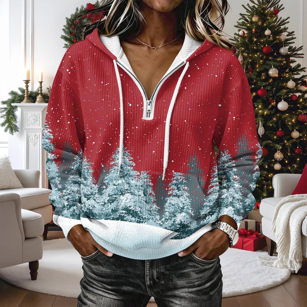 Women's Christmas Print Long Sleeve Hooded Pullover Sweatshirt