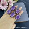 Adjustable Open Ring With Natural Brazilian Amethyst Geometric Stone Copper Base Gold Plated Women