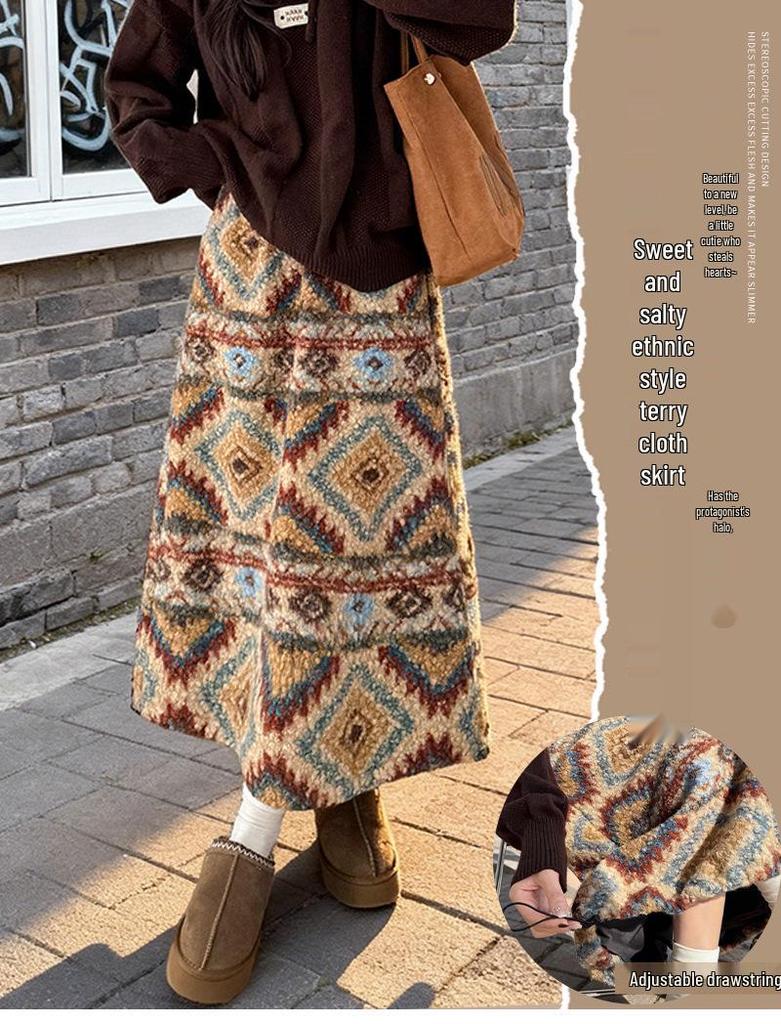 Women's Fair Isle Retro Polar Fleece Mid-Length Umbrella Skirt for Autumn/Winter