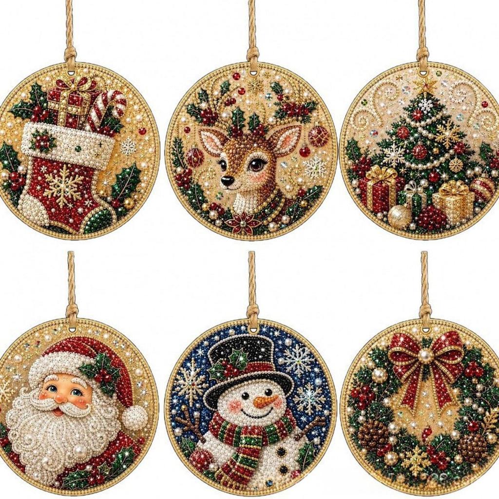 6 PCS Wooden Christmas Ornaments DIY Pearl Art Kit with Pearls - Special Shaped Gems Jute Hemp Rope for Hanging - 3D Diamond Art Holiday Tree