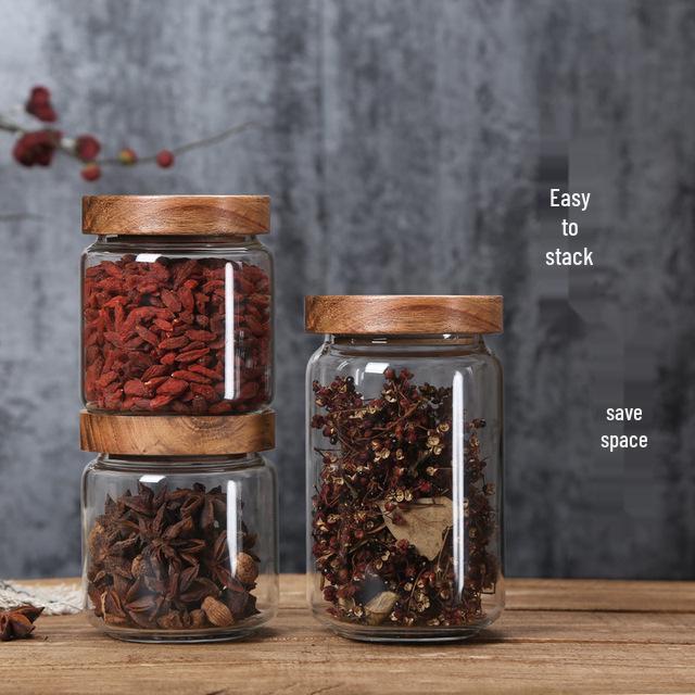 Transparent Glass Storage Jar with Acacia Wood Lid for Coffee Beans and Food Grains