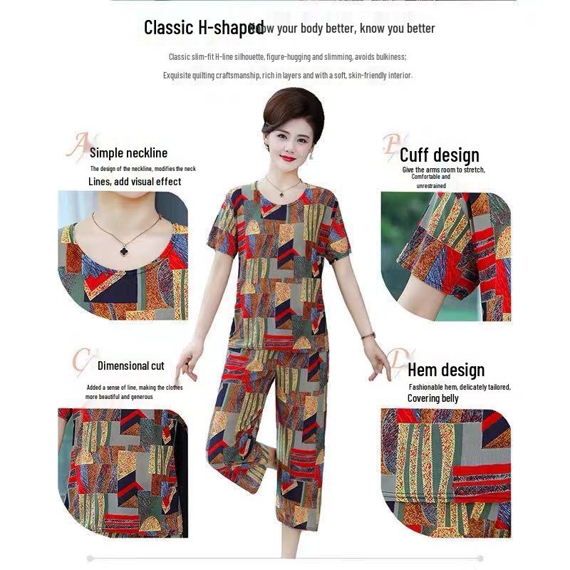 Summer Ice Silk Casual Suit for Elderly Women: Short Sleeve Fashion Outfit for Mothers and Grandmothers