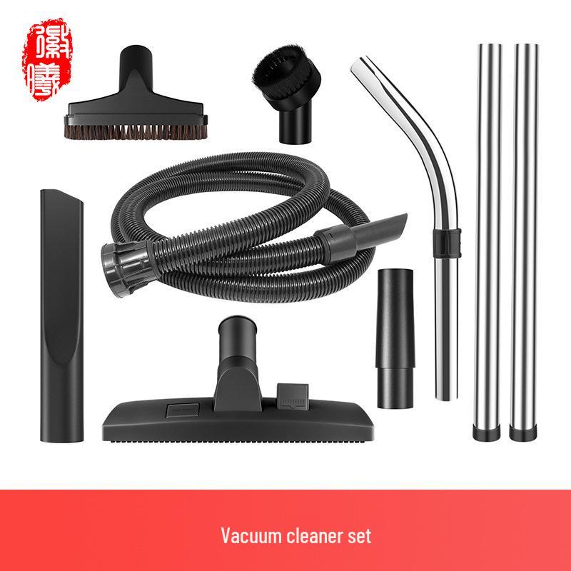 Аксессуары для пылесоса Numatic Henry: Металлическая коленчатая трубка, удлинительная трубка, шланг и напольная щетка.