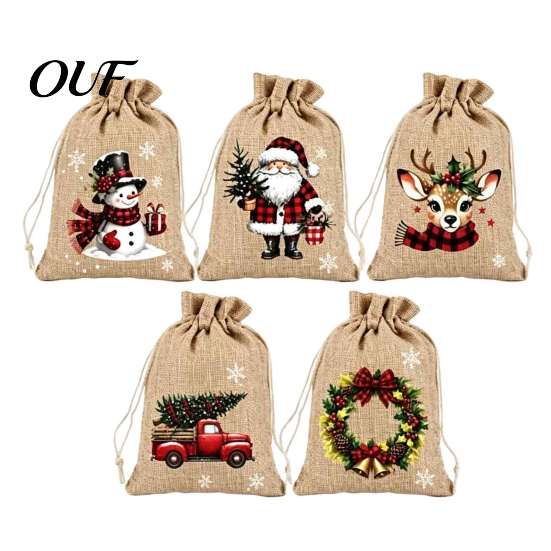 Portable Fabric Gift Holders Christmas Drawstring Bags, Small Festive Prints Burlap Treat Pouches for Durable Polyester Candy Jewelry And Party