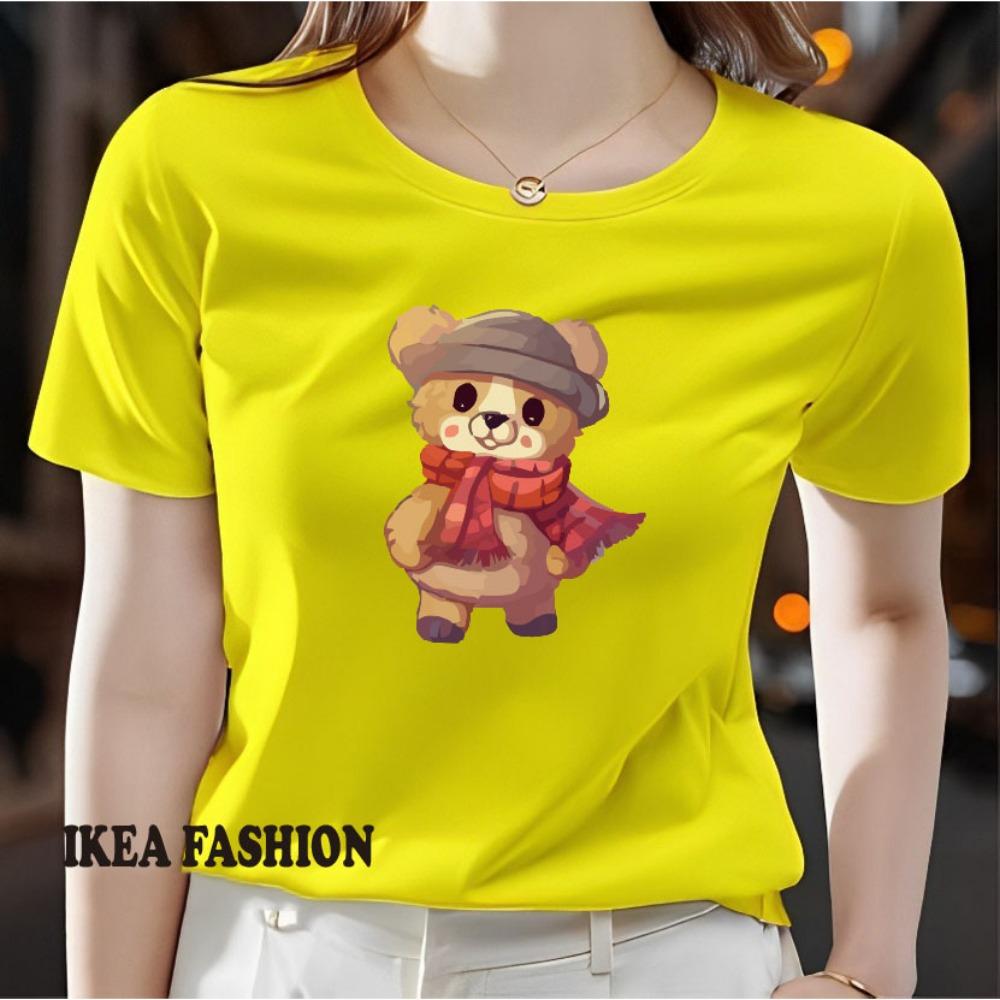 Ladies' casual short sleeved round neck T-shirt - cute cartoon bear pattern printed fashionable