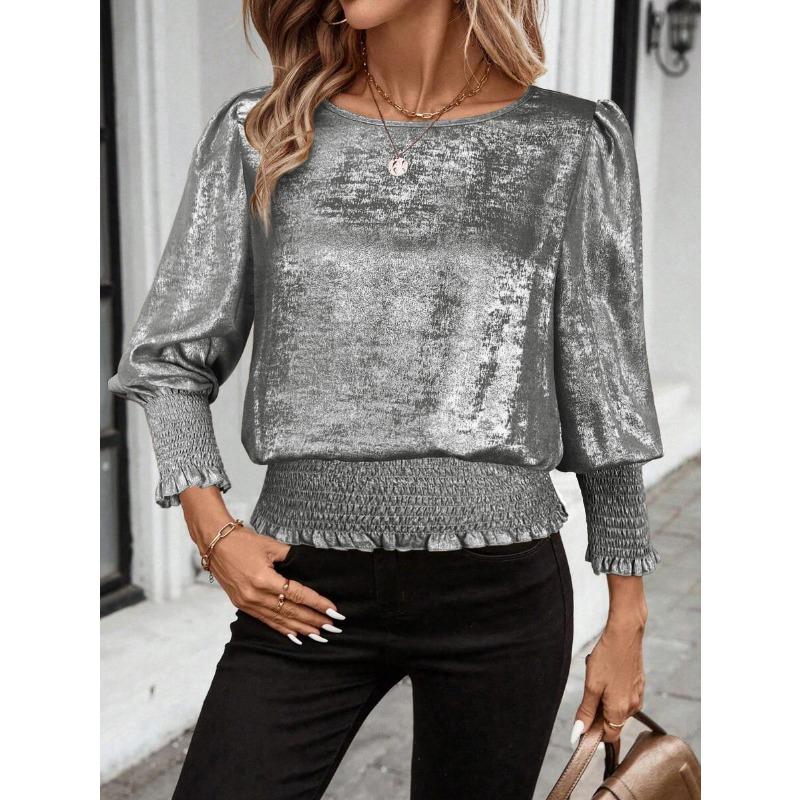 

2026 New Round Neck Hot Stamping Hem Elastic Pullover Mid-sleeve Shirt T-shirt XL срібний