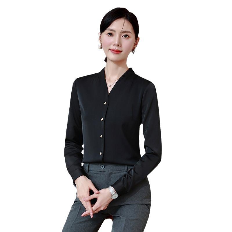 Women's Retro Hong Kong V-Neck Chiffon Shirt - Long Sleeve, Loose Fit, Stylish Workwear for Spring/Autumn