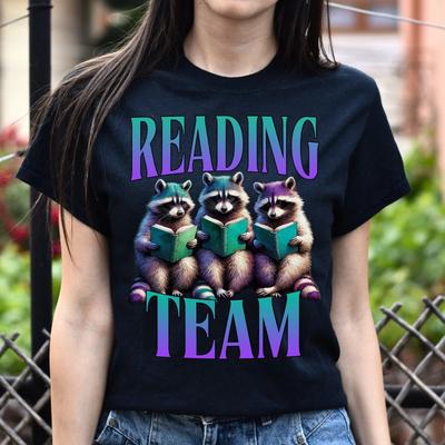 Reading Team T-Shirt Reading Teacher Racoon Book Librarian Gift Unisex Tee Black