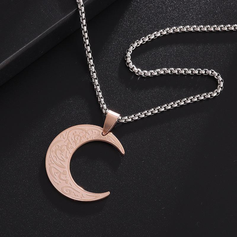 Unique And Sophisticated Design Featuring A Moon Pendant Necklace With Text Suitable For Both Men