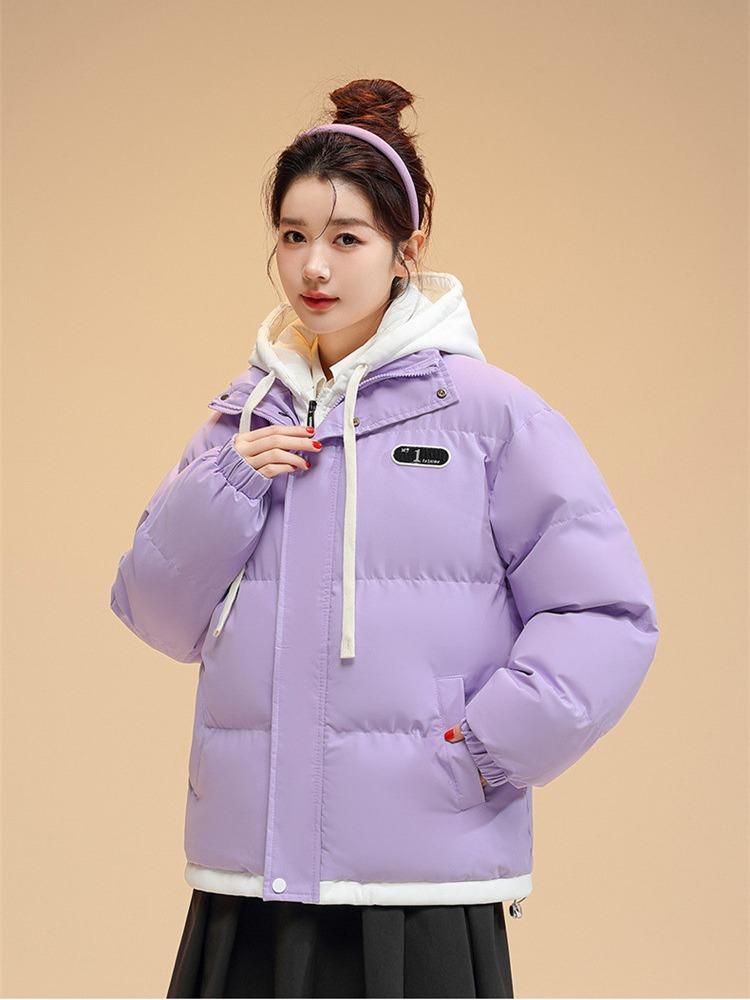 Drawstring Fake Two-piece Women's Autumn and Winter Jacket Short Hooded Jacket Loose Casual Student Warm Jacket 6 Colors