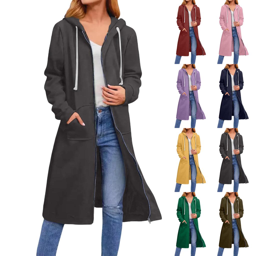 Women's Solid Color Fashionable Loose Zipper Long Cardigan Hooded Sweatshirt Jacket