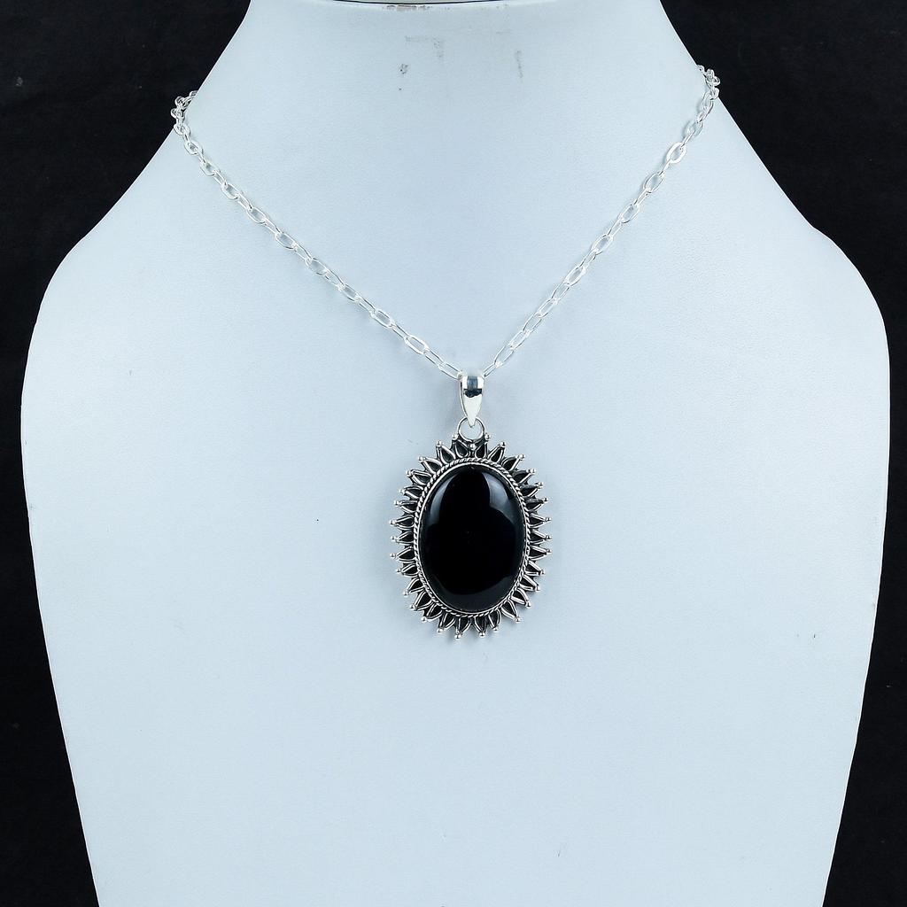 Natural Black Onyx Gemstone Silver Pendant In 925 Sterling Silver - Handmade Oval Design, Everyday Wear Jewelry Thanksgiving Gift