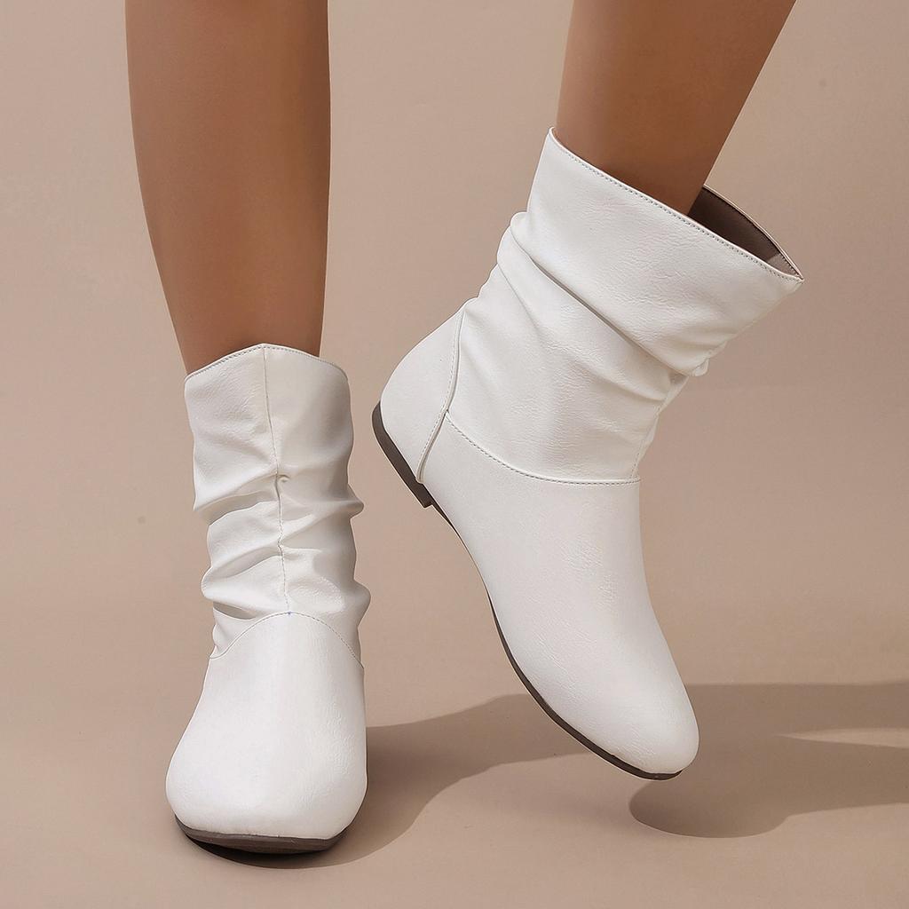Short Boots Women's White Pleated Women's Boots Flat Bottomed Versatile Woman Boots Large Size