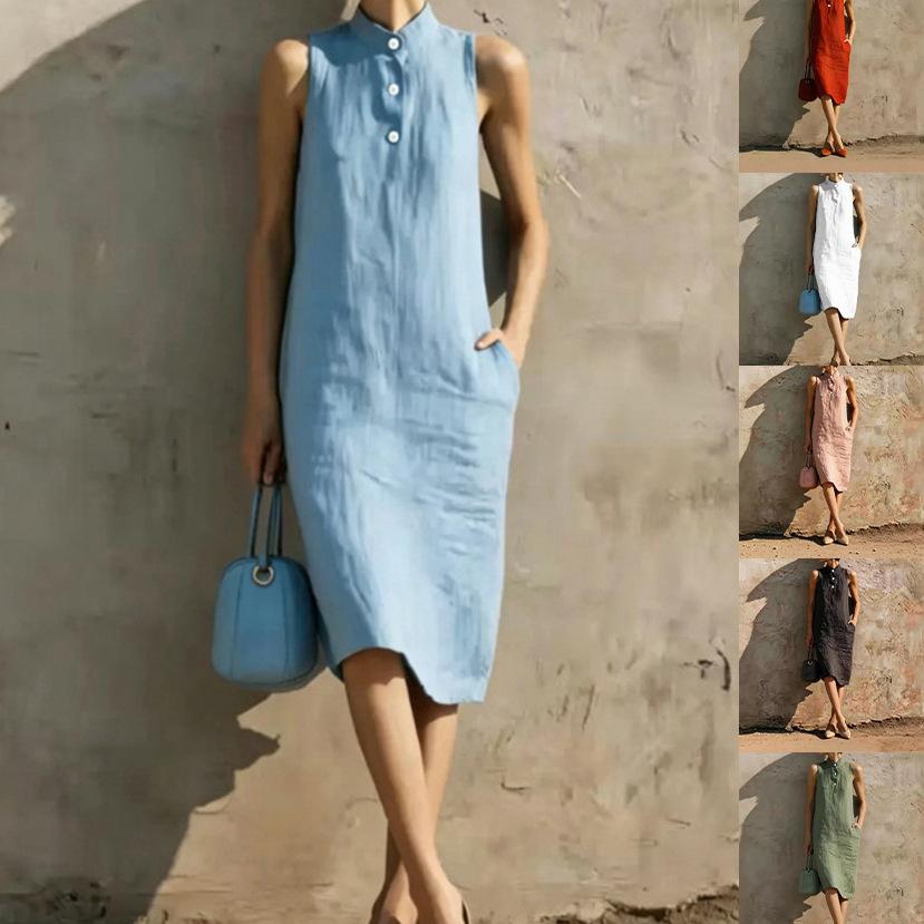 Women's Linen Blend Sleeveless Stand Collar Midi Dress with Button Detail and Pockets