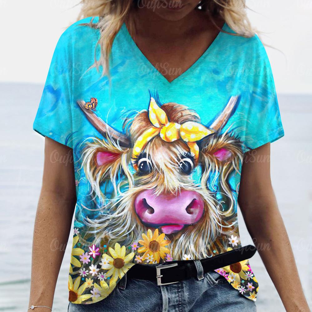 Sommer T-skjorte for kvinner Y2k-stil kortermede topper Anime Cow Print Dameklær Dame Løs bluse V-hals Mote Streetwear