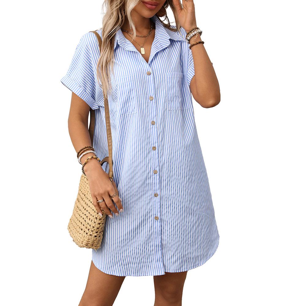 Summer Women's Short Sleeved Striped Cotton Linen Mid Length Shirt for Women Long Shirts