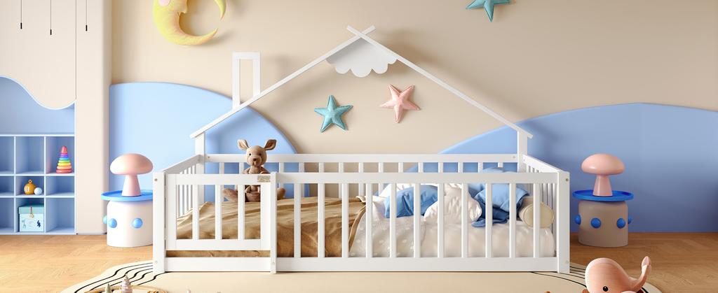 Letto Basso, 90x190 cm, Letto per Bambini, Sponda a Casa, Sponda con Blocco, Legno di Pino, Bianco