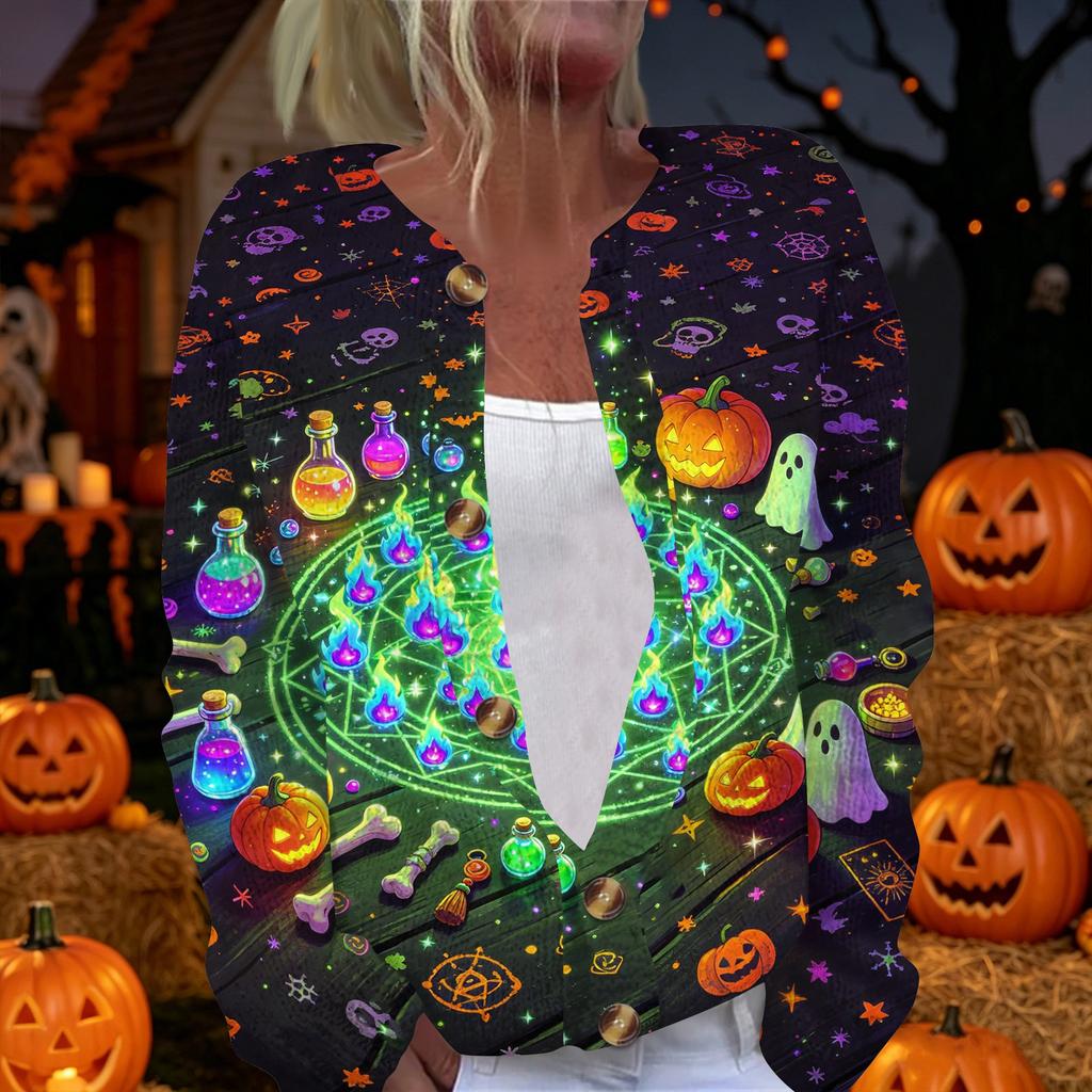 Women's Halloween Print Long Sleeve Knit Cardigan Button Front Sweater Coat Lightweight Casual Outerwear for Fall and Winter