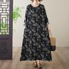 Plus Size Cotton & Linen Printed Round Neck Long Sleeve Holiday Dress for Women