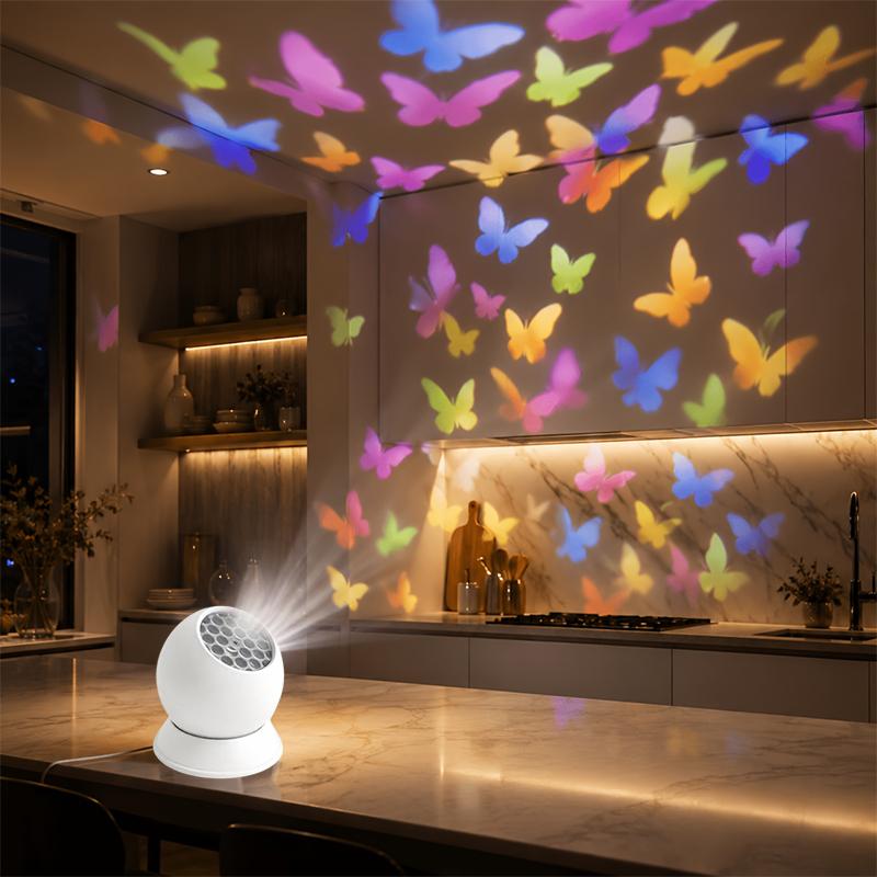 Butterfly Pattern Projector Lamp 360° Rotating Colorful LED Light for Romantic Dinner Table Ambient Decor