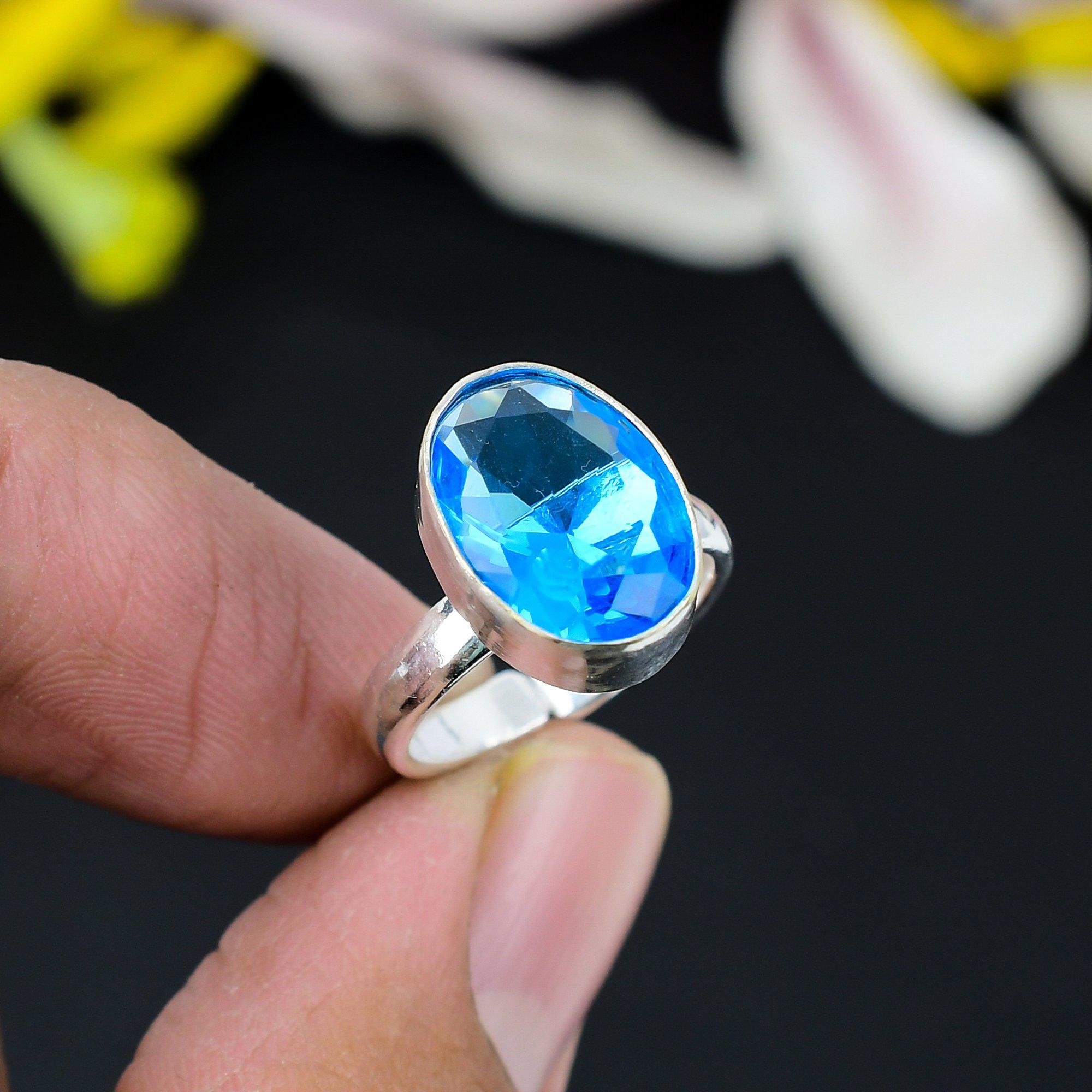 

Blue Topaz Gemstone Handmade 925 Sterling Silver Jewelry Ring Size 8 KG-345