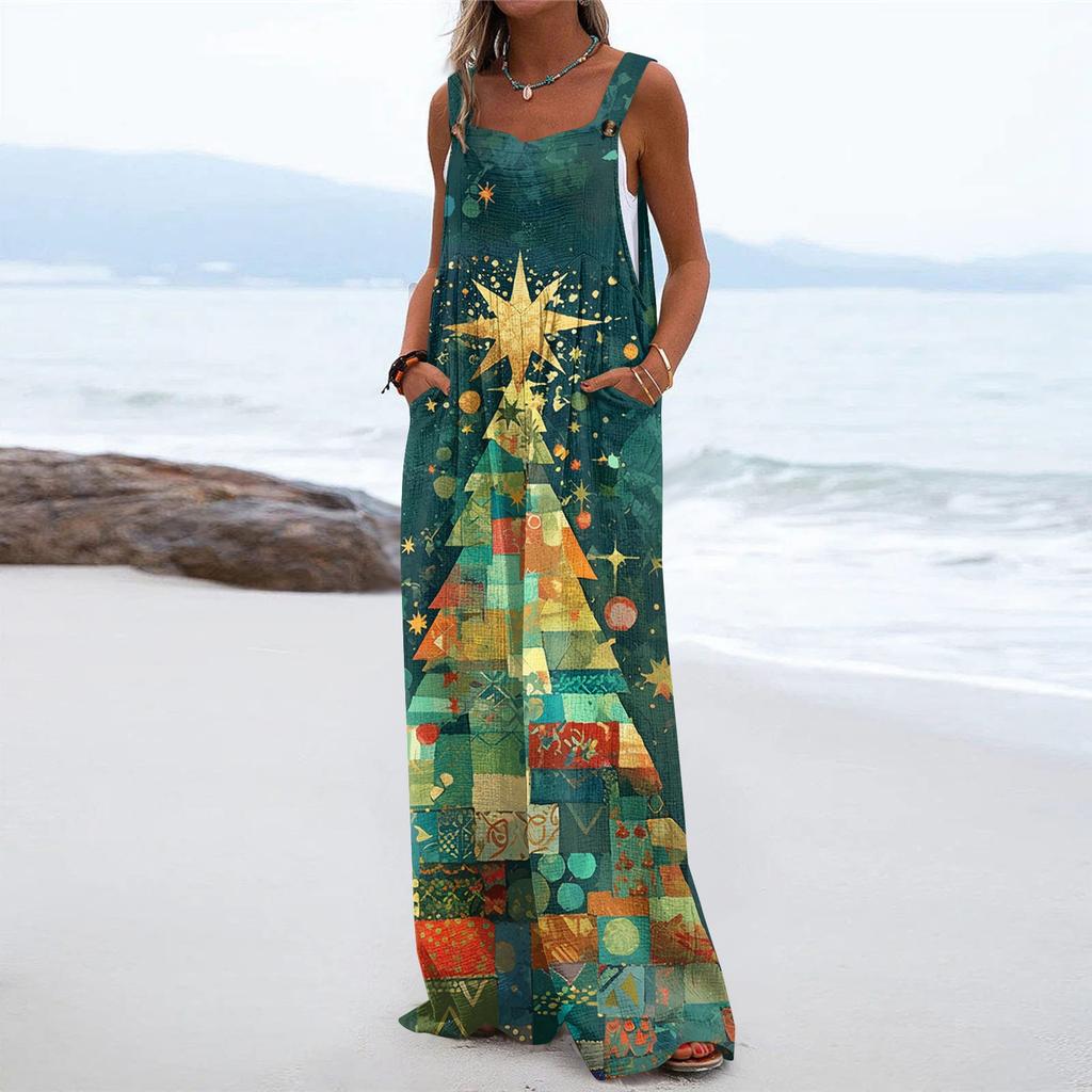 Women's Christmas Print Solid Wide Leg Strapless Tank Pocket Casual Onesie