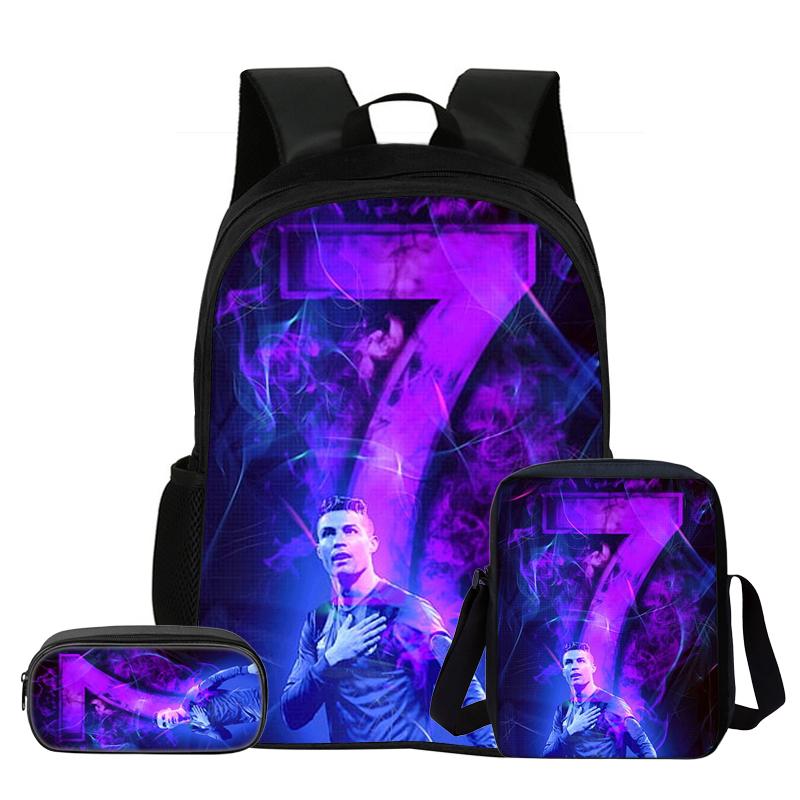 Set de 3 Piezas para Niños Mochila Estrella de Fútbol Estudiante Bolso de Hombro Escolar Bolsas para Lápices Ronaldo Mochila Escolar CR Mochila Mejor Regalo