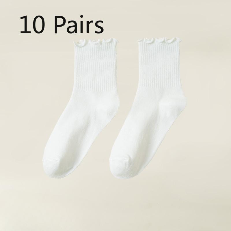 10 Pairs of Female Autumn Solid Color Wooden Ear Edge In The Tube Pile Socks