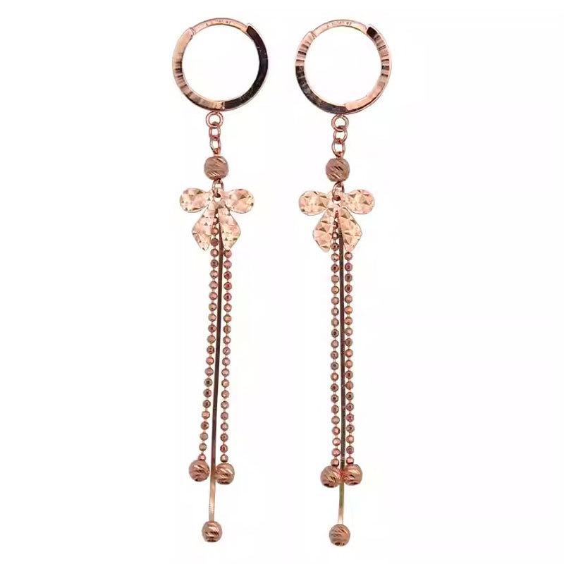 Exquisite Russian Purple Gold Rose Gold Bow Long Bead Live Tassel Fashion Color Gold Earrings Jewelry Women (rose gold plated pair)