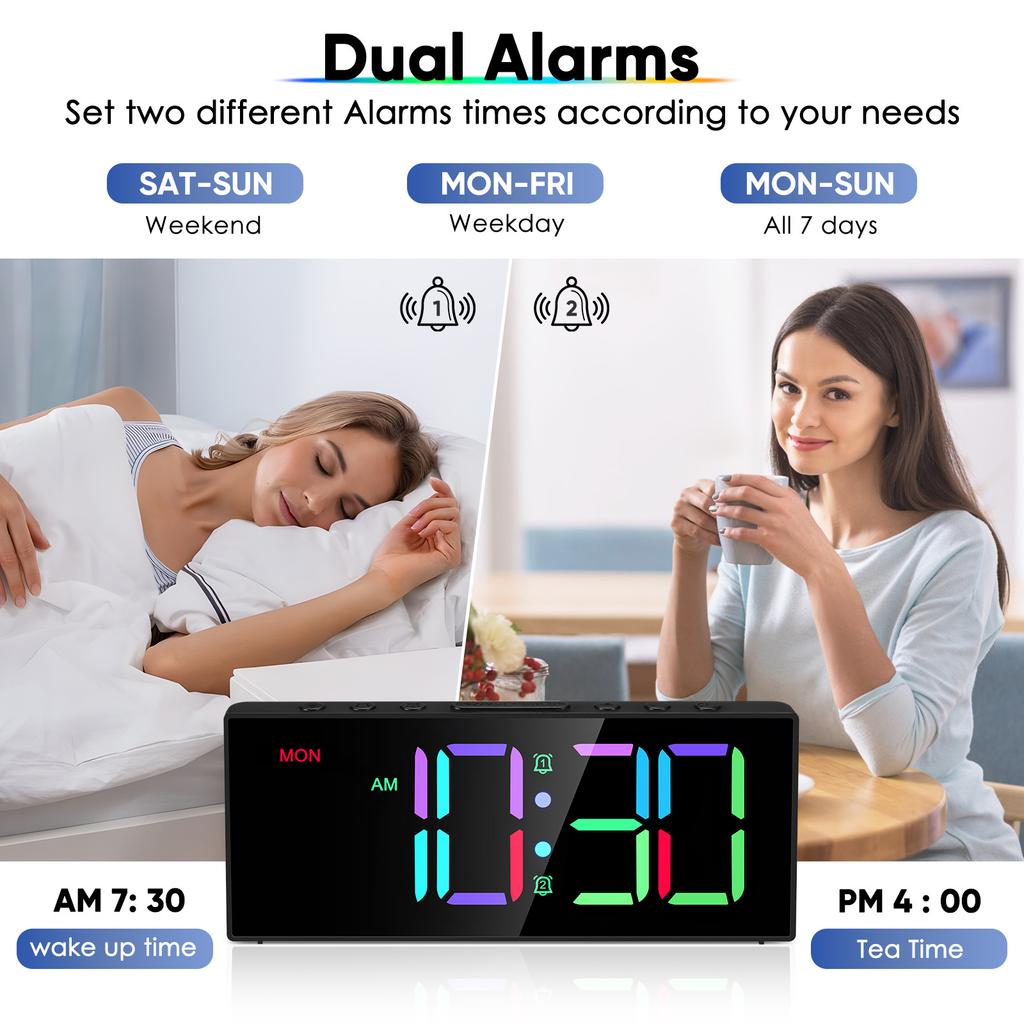 Dynamic RGB Display Alarm Clocks Dual Alarm Big Numbers Adjustable Brightness Volume Outlet Powered Digital Alarm Clocks