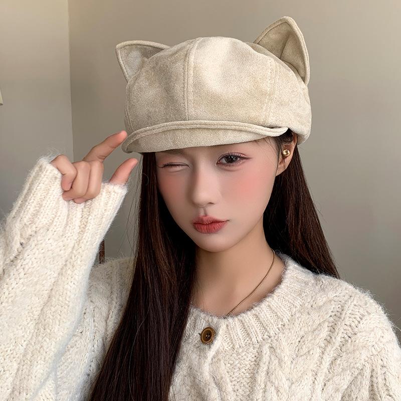 Herbst und Winter Britischer Retro Achteckiger Hut Damen Neuer Modischer Lässiger Schiebermützenhut Japanischer Stil Kleine Literarische Malermütze mit Gesicht
