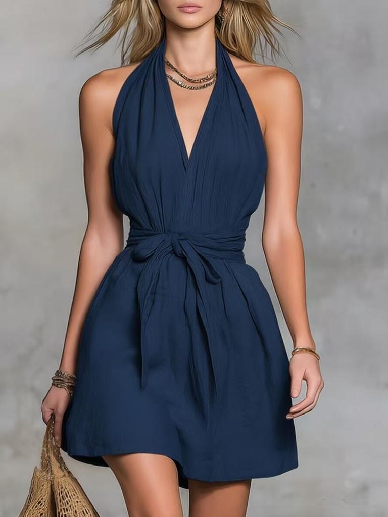 Women's Sleeveless V-Neck Belted Waist Solid Color Dress