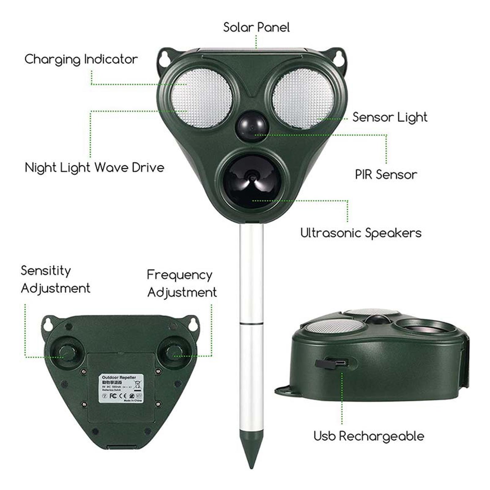 Ultrasonic Animal Deterrent Solar Powered, Outdoor IP66 Watertight Cat Deterrent with Infrared Sensor, 5 Modes,