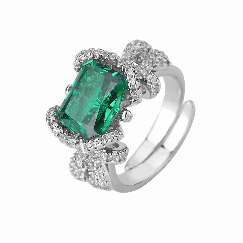 Jewelry Copper Bottom Gold-Plated High Carbon Diamond Ice Flower Square Diamond Copper Inlaid Bow Light Luxury Ring Female 8 * 10