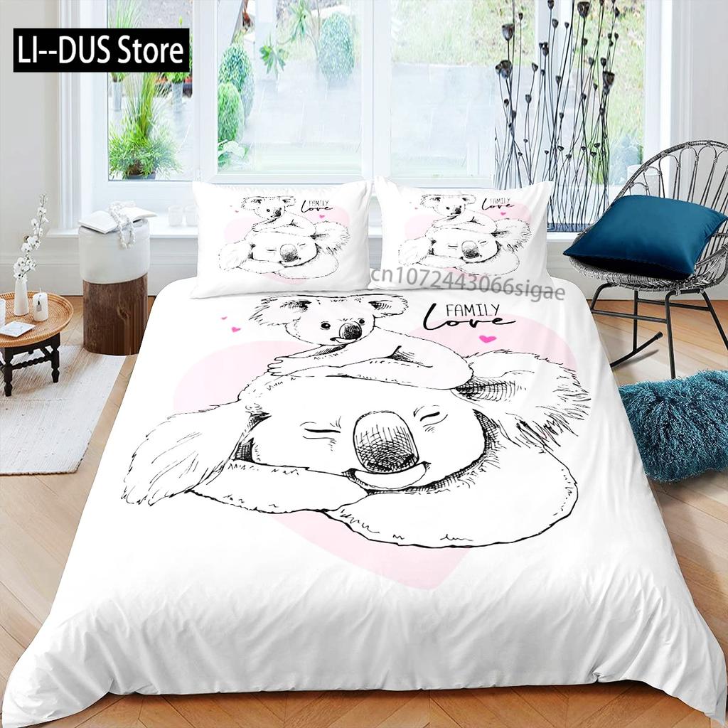 Kawaii Koala Bedding Set Full Size For Kids Boys GirlsCartoon Animal Comforter Set Quilt Duvet Green Leaves Bedroom Decor 3pcs