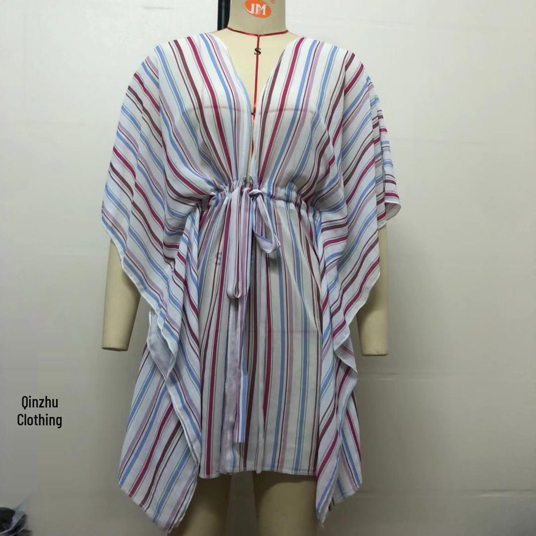 

Популярная полосатая пляжная накидка: Свободный кардиган-бикини на завязках с защитой от солнца One Size