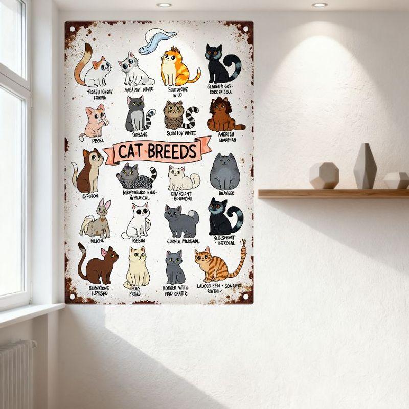 Vintage CAT BREEDS Metal Sign 16 Whimsical Cat Illustrations Retro Rusty Aged Metal Wall Decor for Home Cafe Bar