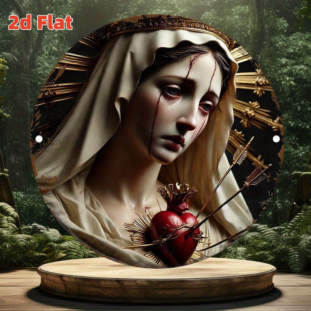 Our Lady of Sorrows Metal Wall Art in Round Tin Sign Religious Decor for Home 20x30cm(7.8x11.8inch)