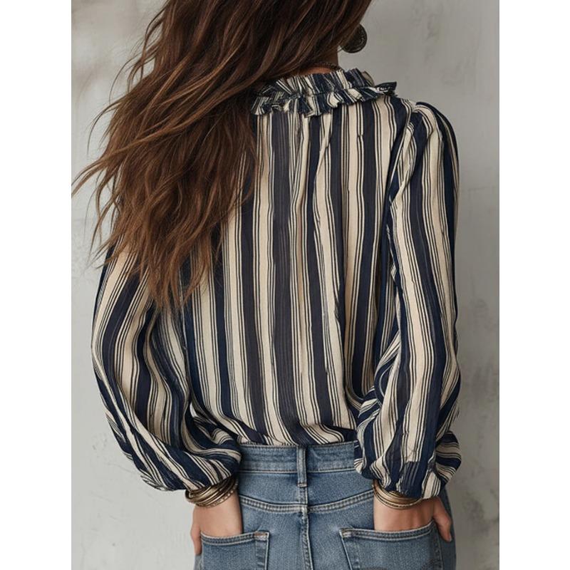 TIFICY Blusas e camisas femininas casuais primavera outono com estampa listrada e manga comprida e decote em V